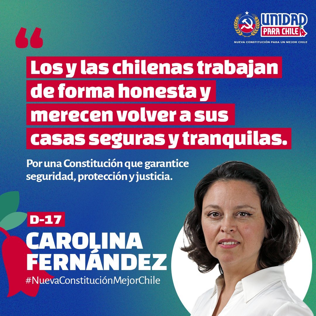 ✅ CAROLINA FERNÁNDEZ QUEZADA | D-17. 
👉🏼 Los y las chilenas trabajan de forma honesta y merecen volver a sus casas seguras y tranquilas. 

👉🏼Por una Constitución que garantice seguridad, protección y justicia. 
🚩<a href="/carolinafq2023/">Carolina Fernandez Quezada</a>
 #NuevaConstitución #VotaD17  #RegiónDeValparaíso