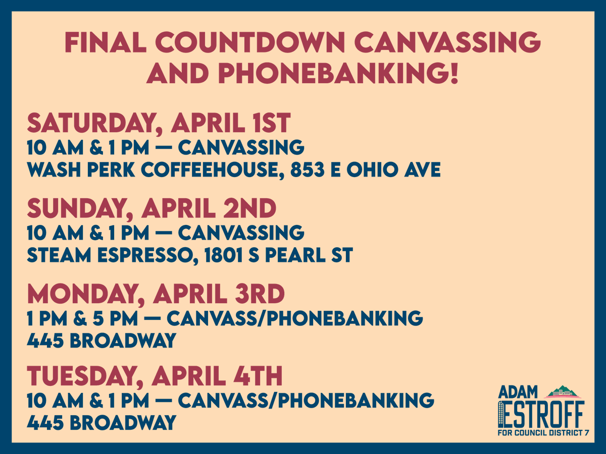 We are officially just a few days out before the April 4th election - we need help reach every voter we can in District 7. 

We have lots of canvassing &amp; phonebanking opportunities throughout this last week.  Be sure to sign up for a shift here: secure.ngpvan.com/p/g5Q6hz6rZkOT…