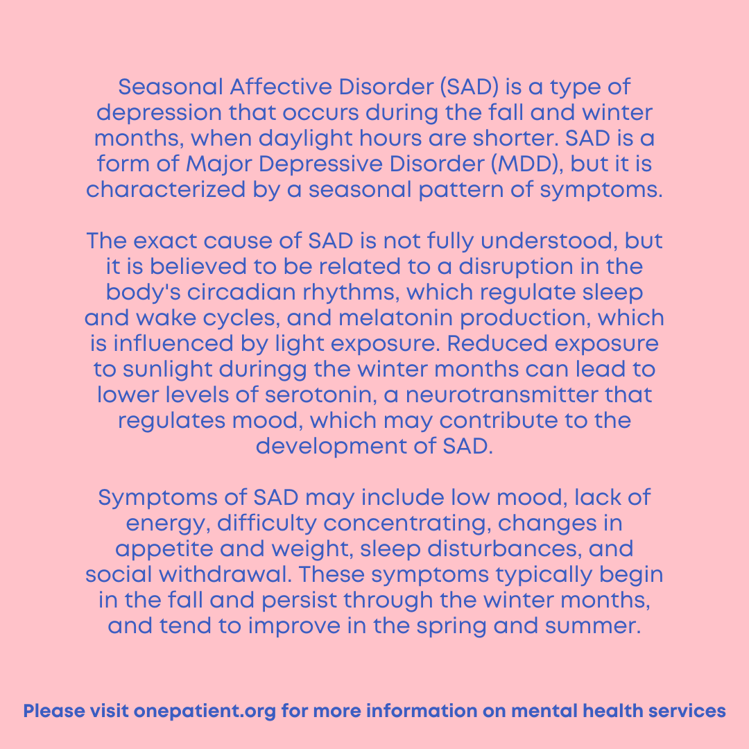 What is Seasonal Affective Disorder (SAD)?⁠
⁠
For information on counseling services we provide, please visit our website!⁠
⁠
#opghi #onepatient #healthequity #mentalhealthmatters #mentalhealth