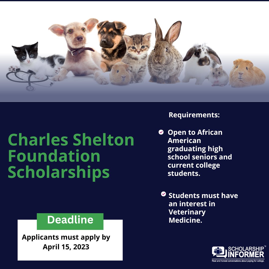 #ScholarshipAlert: Open to African American graduating H.S. #seniors and current #collegestudents interested in #veterinary medicine.

Apply by 4/15/23: siapply.today/C-LN

#OwnYourDegree #scholarships #veterinarymedicine #veterinarian #vetstudents #vetschool #pets #animals
