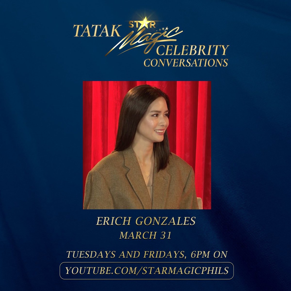 starmagicphils's tweet photo. This is ERICH GONZALES and I am looking forward na mapanood niyo ang aking TATAK STAR MAGIC CELEBRITY CONVERSATIONS episode tomorrow 6 PM on Star Magic’s Youtube Channel. 

#TatakStarMagicCelebrityConversations #TatakStarMagic #StarMagic #ErichGonzales https://t.co/KW9HID3PJY