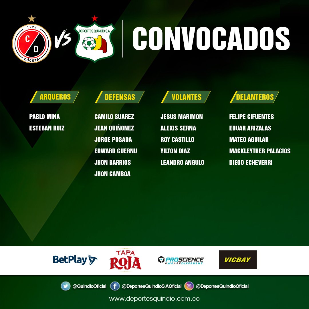 QuindioOficial's tweet photo. Estos son los jugadores que enfrentarán a Cúcuta Deportivo por el partido de #CopaBetPlayDimayor vuelta 💚🤍💛

#VamosQuindio https://t.co/QJKClpJgVV