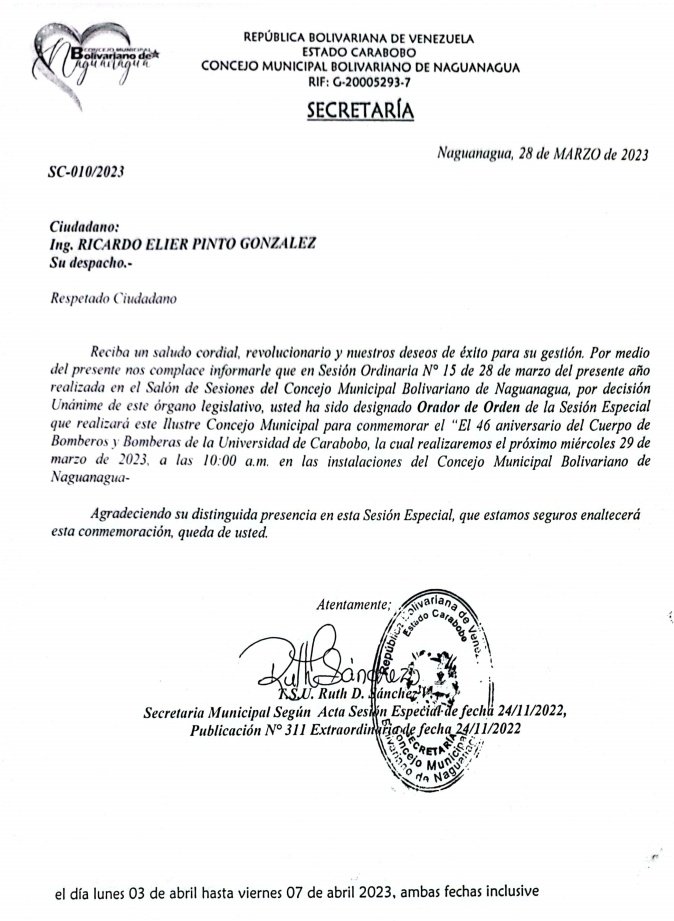 repintog's tweet image. 29/03/2023
Sesión Especial del Concejo Municipal de Naguanagua por 46 Aniversario del Cuerpo de Bomberos de la Universidad de Carabobo y municipio Naguanagua

@bomberuc 
Disciplina, Estudio, Abnegación