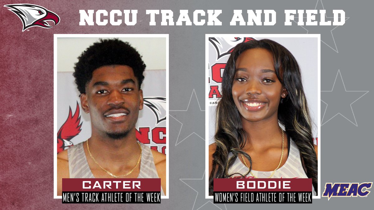 NCCUTrack_Field's tweet photo. Congrats to our 2 MEAC Athletes of the Week. Donnell Carter (Men’s Track) for his performance in the 400m (46.91) at the Raleigh Relays. Joidon Boddie (Female Field Athlete) for her 12.56m performance in the Triple Jump at the Raleigh Relays. Both marks are #1 in the MEAC! https://t.co/w8g8ei9lmP