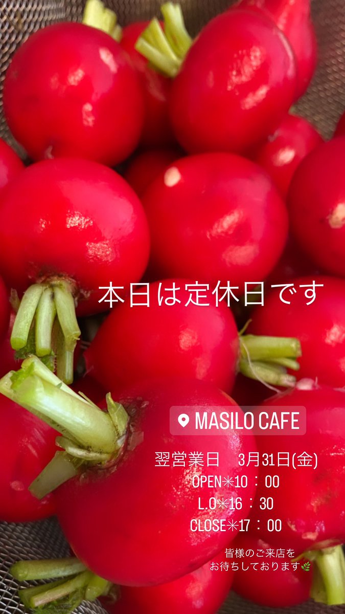 masilocafe's tweet photo. いつもマジロカフェをご利用頂き、誠にありがとうございます。

【本日は定休日です】

翌営業日　3月31日(金)
OPEN✳︎10：00 (L.O✳︎16：30)
CLOSE✳︎17：00

皆様のご来店をお待ちしております🌿

#マジロカフェ
#masilocafe
#洞峰公園 https://t.co/jFWu7L7NeA