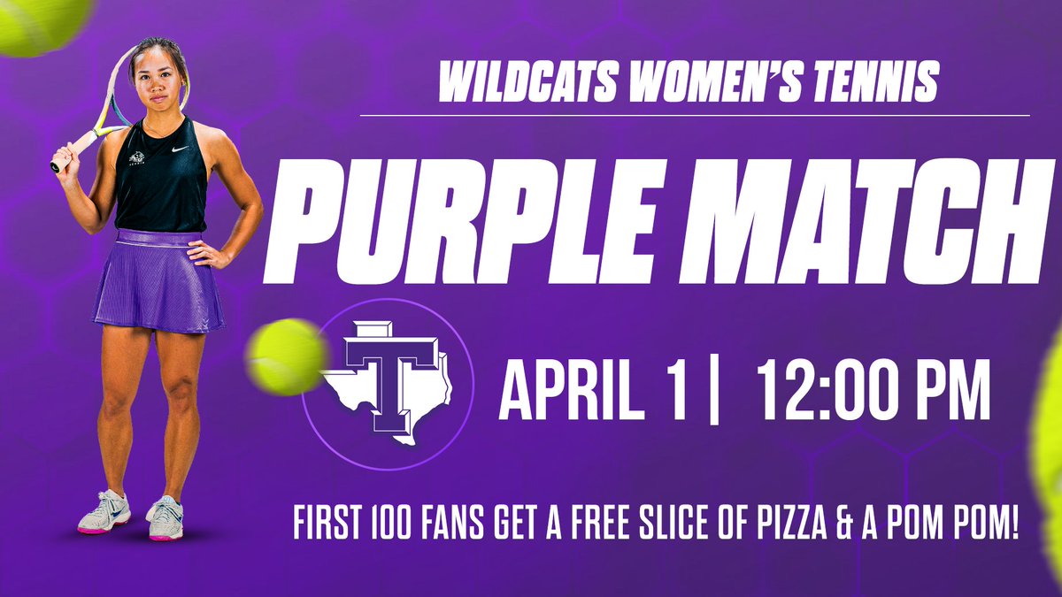 ACU_WTEN's tweet photo. 🗣️It's almost here Wildcats!🗣️

🟣𝙋𝙐𝙍𝙋𝙇𝙀 𝙈𝘼𝙏𝘾𝙃🟣
🆚: Tarleton
🗓️: April 1
⏰: 12:00 PM
📍: Eager Tennis Pavilion
🆓🍕 &amp; 𝕡𝕠𝕞 𝕡𝕠𝕞𝕤 for the first 100 fans! 

Come out, wear your 🟣🟣, and cheer on your Wildcats🎾! https://t.co/9d4pdNk1XT
