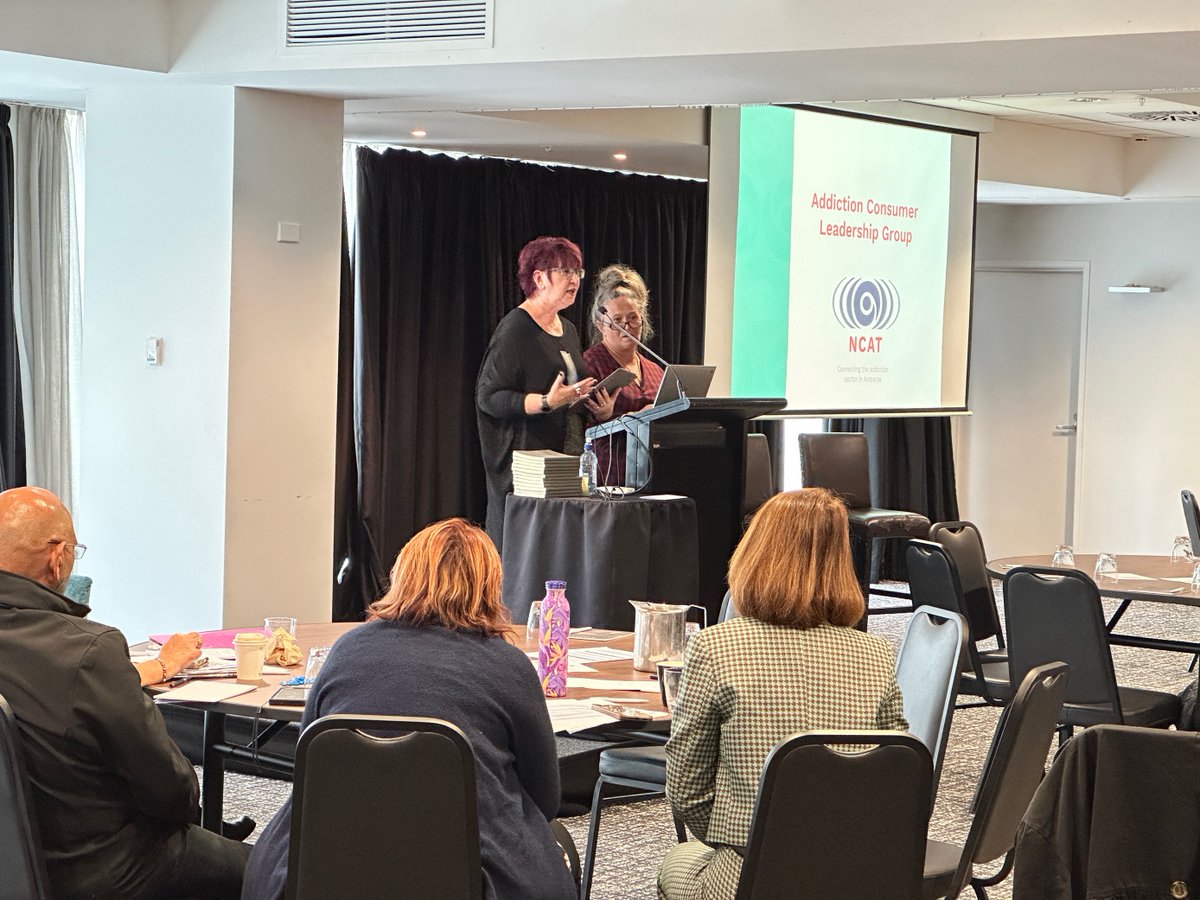 Rhonda Roberston (Te Pou) and Sheridan Pooley (CADS Auckland) provide an update on the Addiction Consumer Leadership Group at today's Addiction Leadership Day.