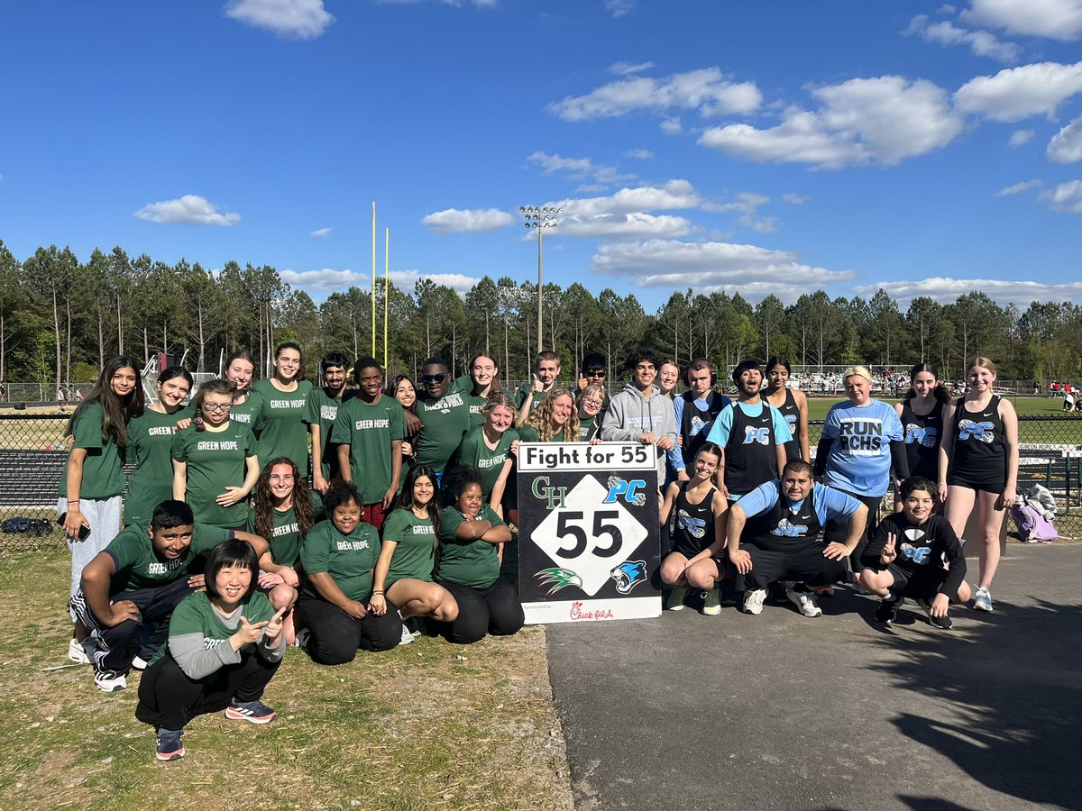 GHHSSports's tweet photo. Green Hope Unified Track and Field and Panther Creek Unified Track and Field celebrate the Fight for 55! #TakeFlightGH https://t.co/BCpZPkH6uA