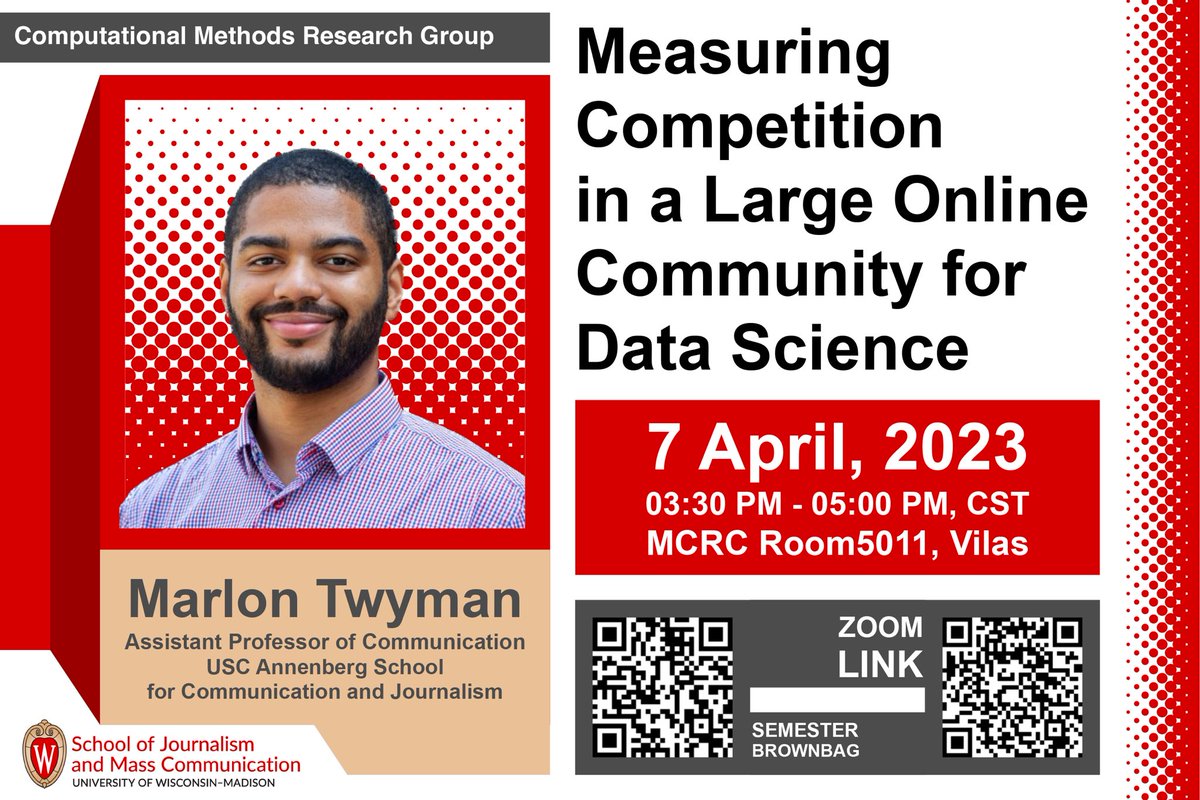 Zening_Duan's tweet image. Join our #CMRG’s 5th computational brownbag next FRIDAY April 7th at 3:30 pm CST to hear our guest speaker @MarlonTwyman2 Prof. Marlon Twyman (@USCAnnenberg) speak on "Measuring Competition in a Large Online Community for Data Science." Zoom link in the reply thread 🧵 1/5