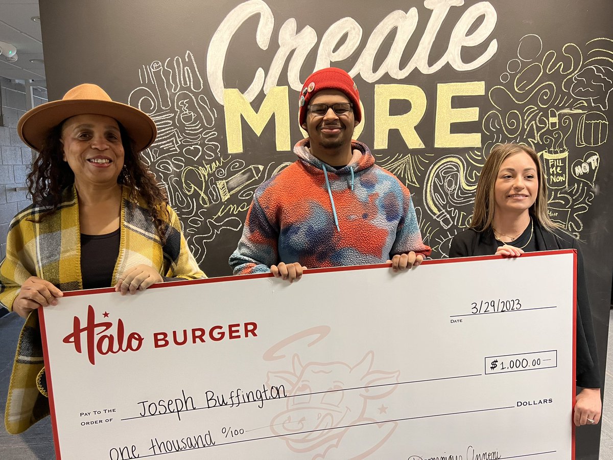 MottCollege's tweet photo. Congrats to Joseph Buffington, an MCC Graphic Design student, for winning the Halo Burger billboard design contest and a $1,000 scholarship! #haloburger #MCC100th #haloburger100th. https://t.co/LZiHNZ2UIt
