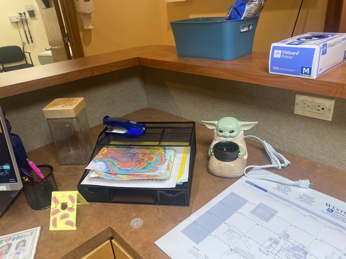 elbaGEE15's tweet photo. My desk is slowly getting more organized, today I added a baby yoda scentsy that my cute boy got me 😊 https://t.co/8h9lYOdhbi