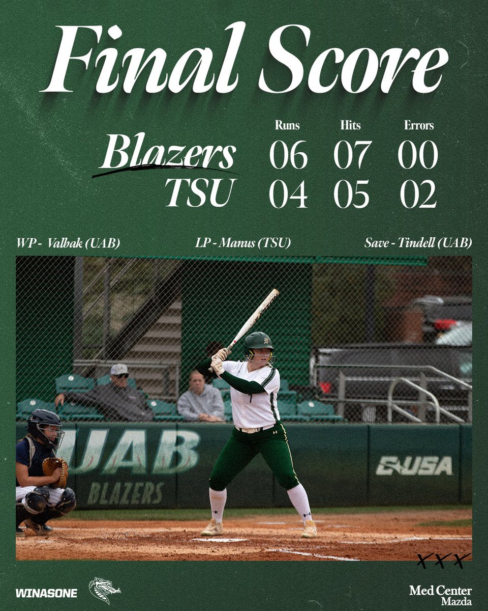 Blazers Win! 🔥 Blazers Win! 🔥 Blazers Win! 🔥 UAB holds onto the lead to close out the mid-week matchup on a high note! Valbak totaled 🔟 strikeouts on the day! #WinAsOne