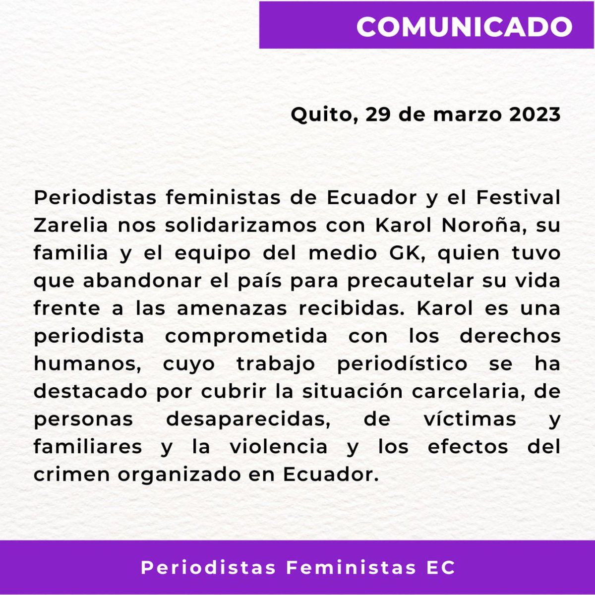 PeriodismoFemEc's tweet photo. Periodistas Feministas de #Ecuador nos solidarizamos con @KarolNorona compañera periodista de GK que abandonó el país por amenazas contra su vida.
Exigimos al Estado medidas para garantizar la labor de periodistas, con especial atención a la situación de mujeres periodistas. https://t.co/ICVXTfRN58