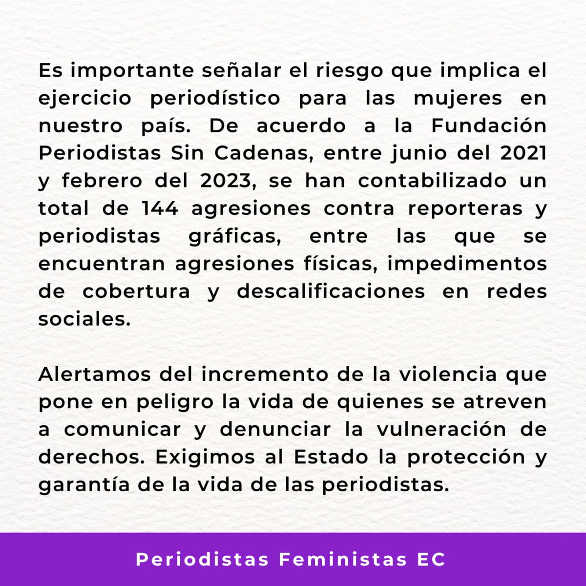 PeriodismoFemEc's tweet photo. Periodistas Feministas de #Ecuador nos solidarizamos con @KarolNorona compañera periodista de GK que abandonó el país por amenazas contra su vida.
Exigimos al Estado medidas para garantizar la labor de periodistas, con especial atención a la situación de mujeres periodistas. https://t.co/ICVXTfRN58