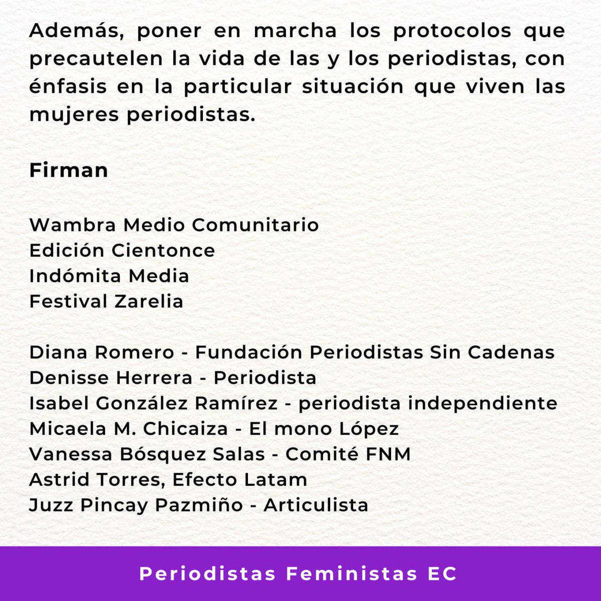 PeriodismoFemEc's tweet photo. Periodistas Feministas de #Ecuador nos solidarizamos con @KarolNorona compañera periodista de GK que abandonó el país por amenazas contra su vida.
Exigimos al Estado medidas para garantizar la labor de periodistas, con especial atención a la situación de mujeres periodistas. https://t.co/ICVXTfRN58