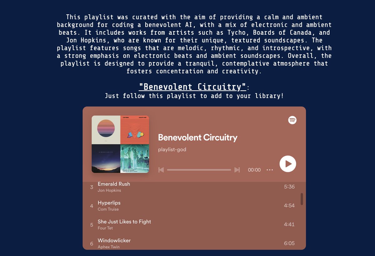 _RodolfoOcampo's tweet photo. Dear friends, very happy to share with you a little GPT-4 project @np_hard and I have been working on: 

🔥The Playlist God 🔥

Describe the vibe you want and it automatically generates a playlist on Spotify for you in seconds🤠 

https://t.co/W3CJJmzAyW https://t.co/FqkmsS19cA