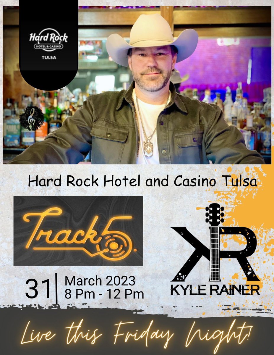 KyleRainerMusic's tweet photo. This coming Friday night you will find me on the Track 5 stage at the @TulsaHardRock !  Invite your friends out for a great night of live, country music!  See y'all out there!!! #countrymusic #livemusic #HardRock #fridaynight #cowboyup https://t.co/QF9UyXHo92