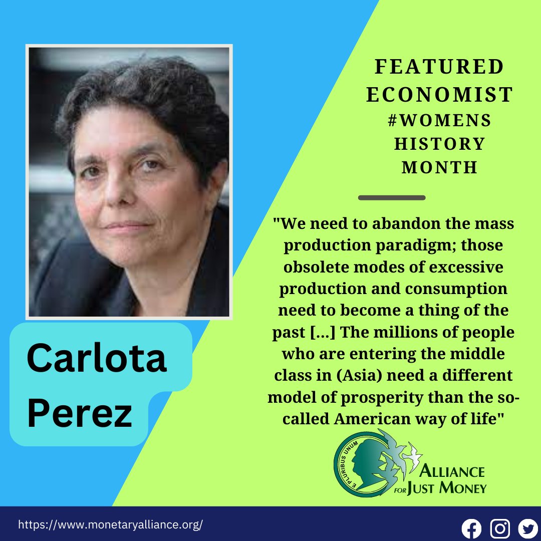 AllianceJust's tweet photo. @CarlotaPrzPerez is our featured economist today! Thank you for bringing awareness to consumption, technology, work, and the limits of growth! #womenshistorymonth we appreciate perspectives that could help with the big #moneyquestion and about #justmoney! https://t.co/B6hZ2SfAXc