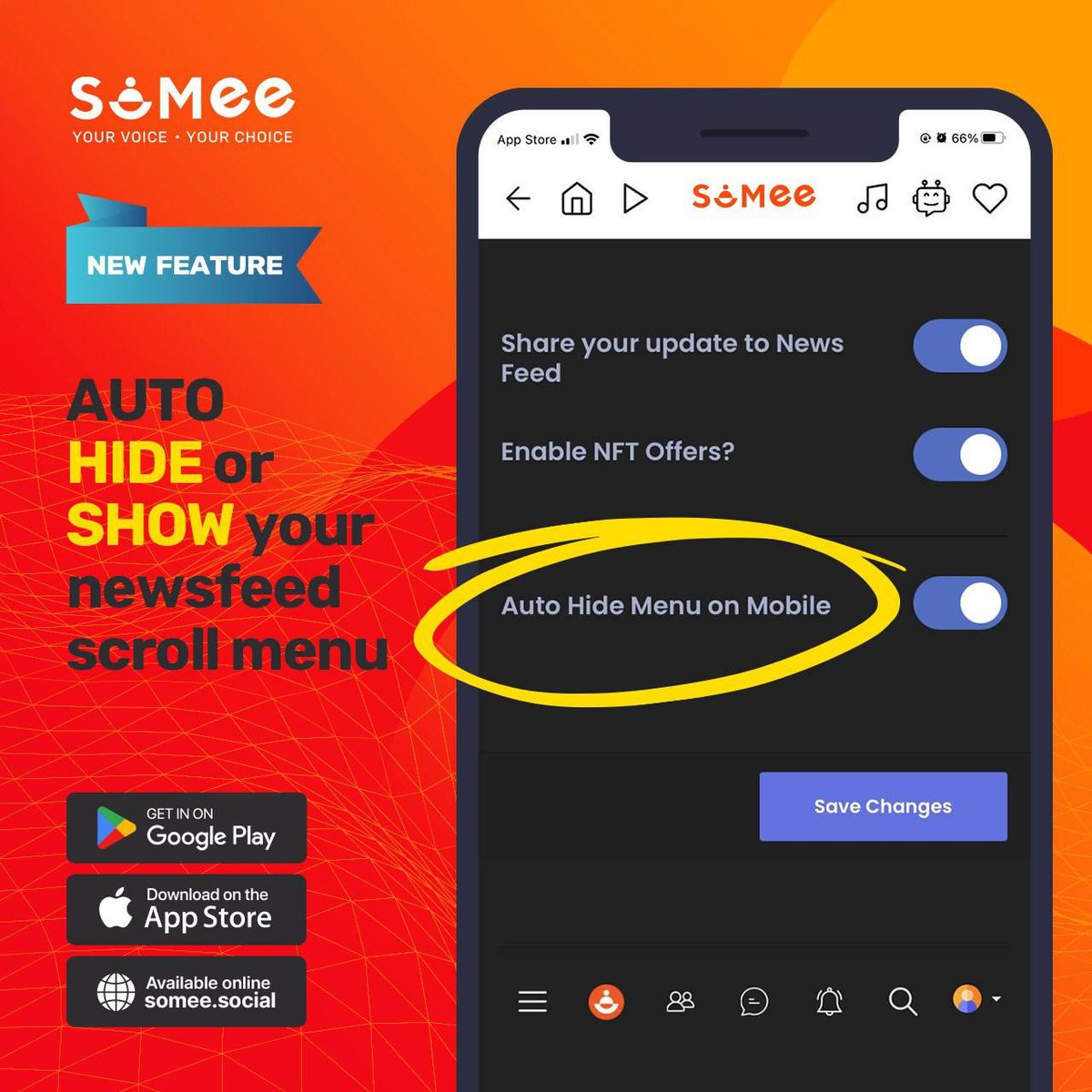 📢Say goodbye to cluttered screens and hello to more space for your content! 🥳Try it out today and enjoy a cleaner and smoother experience on SoMee.🔥 #SoMee #YourVoiceYourChoice #mobileapp #socialmedia #newfeature