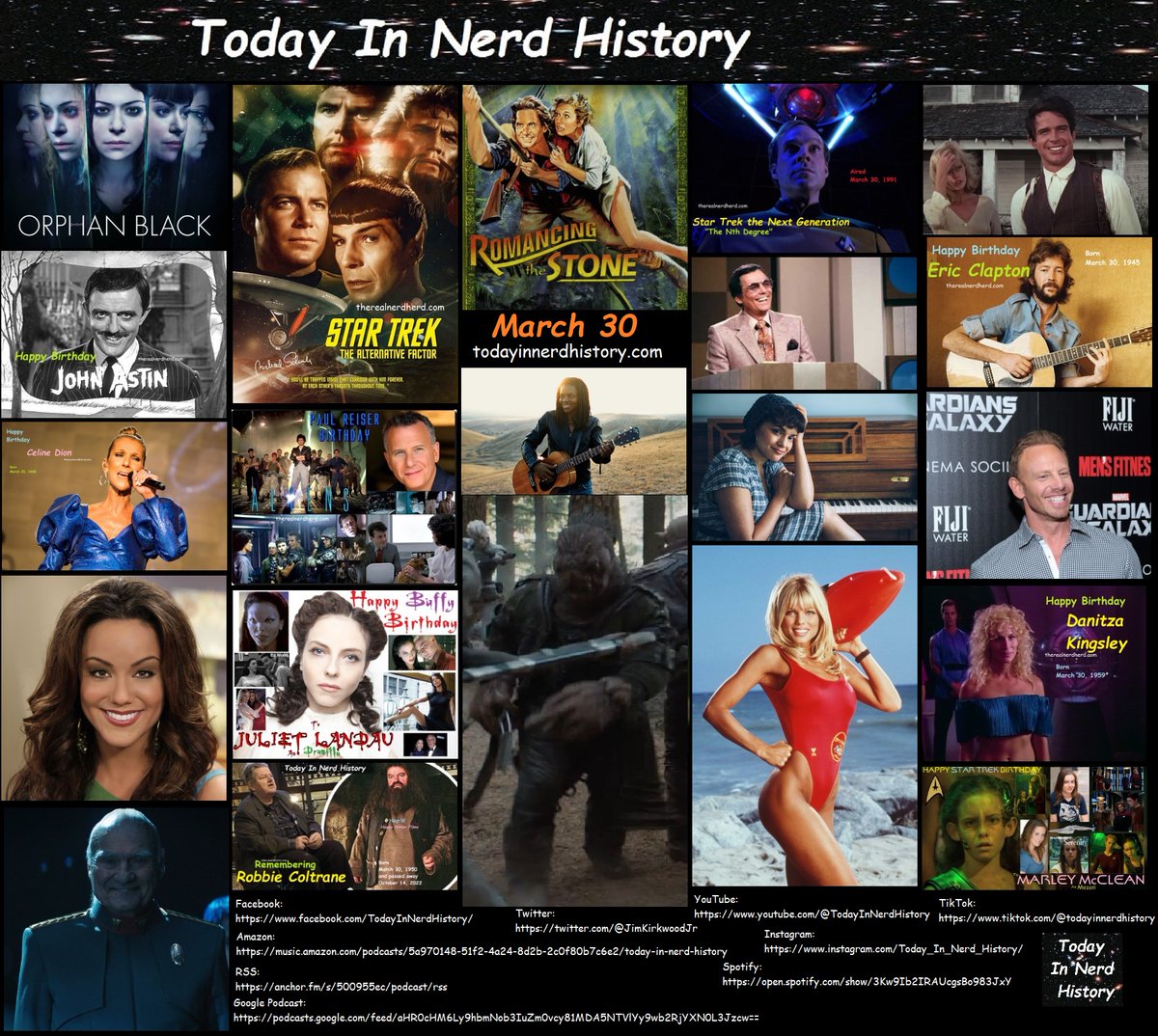 Today In Nerd History March 30
#TodayInNerdHistory #March30 #StarTrek #RomancingTheStone #OrphanBlack #WarrenBeatty #JohnAstin #EricClapton #CelineDeon #PaulReiser #TracyChapman #NorahJones #IanZiering #KatyMixon #JulietLandau #RobbieColtrane 
sites.google.com/view/today-in-…