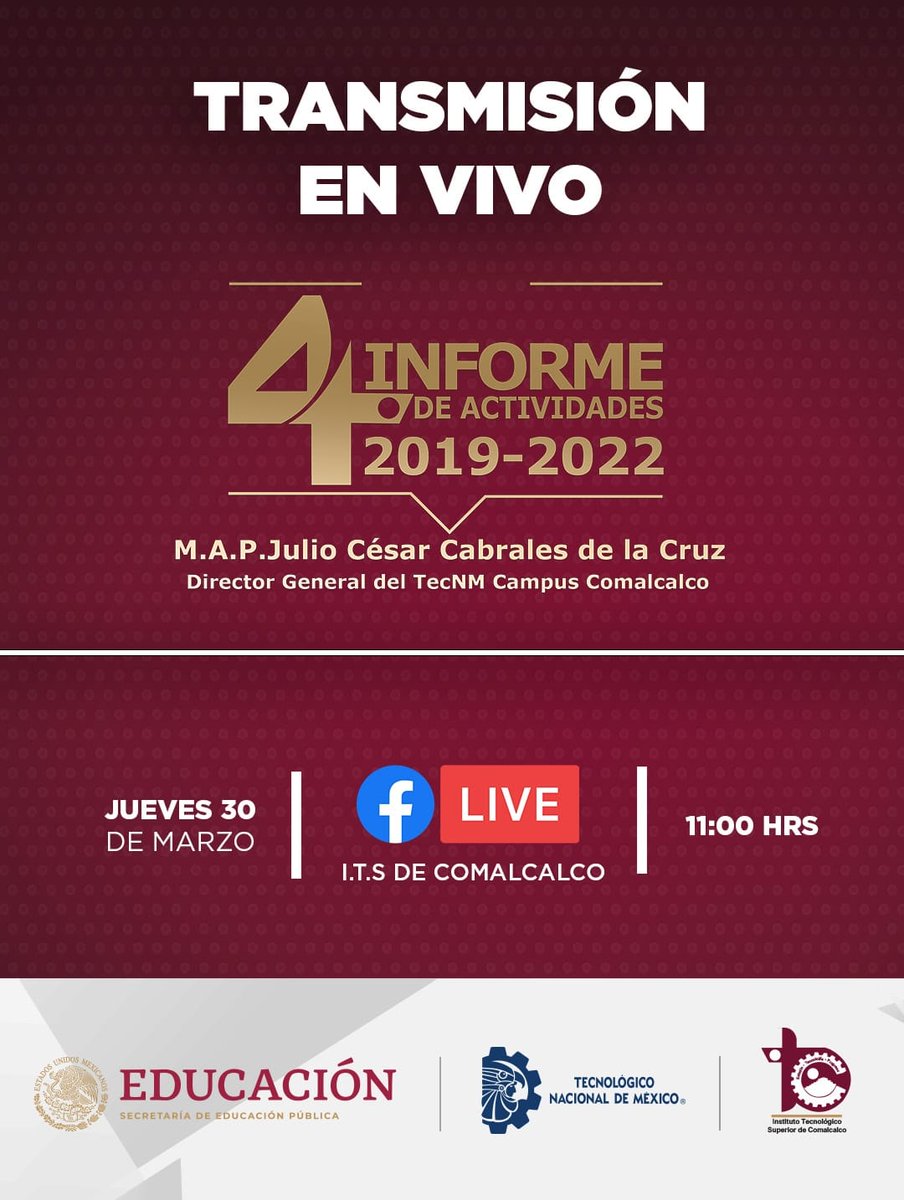 TecNMComalcalco's tweet photo. Te invitamos a seguir la transmisión en vivo del Cuarto Informe de Actividades del M.A.P. Julio César Cabrales de la Cruz, Director General del Tecnológico Nacional de México Campus Comalcalco. https://t.co/IuYqsOGtEz