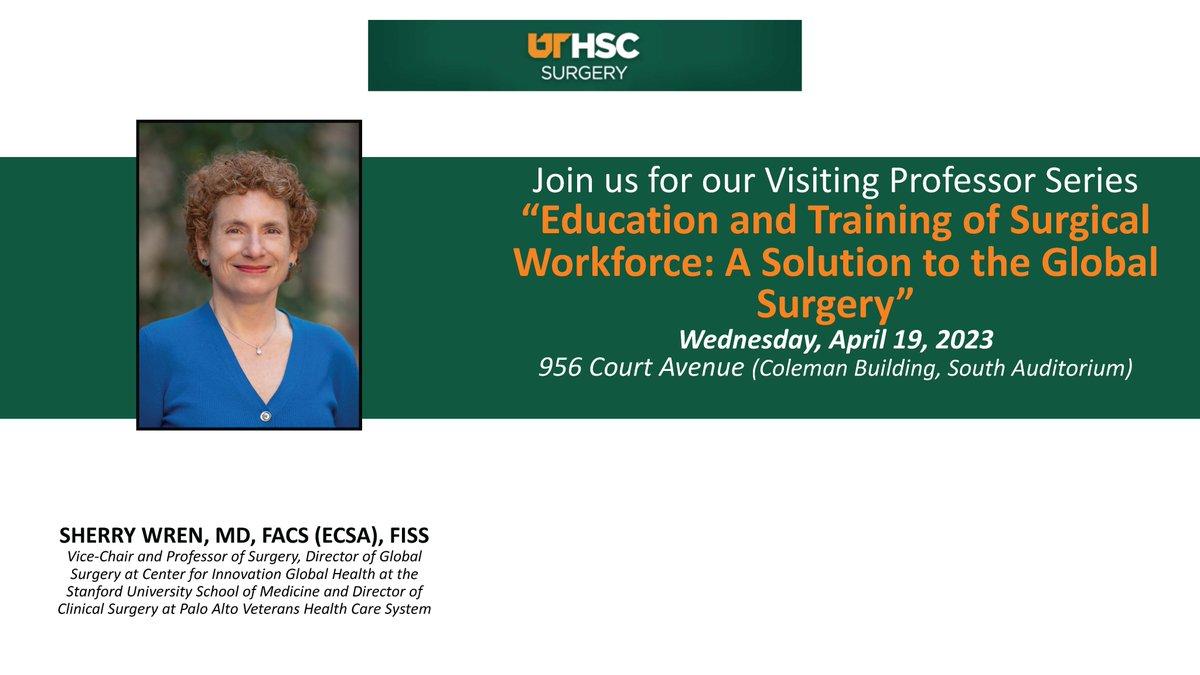 Excited to welcome Dr. Sherry Wren @sherrywren, Director of Global Surgery at Center for Innovation Global Health at the Stanford University as the UTHSC GSI Visiting Professor on April 19. She will have an engaging topic on #globalhealth. @UT_GlobalHealth @uthsc @UTHSCMedicine