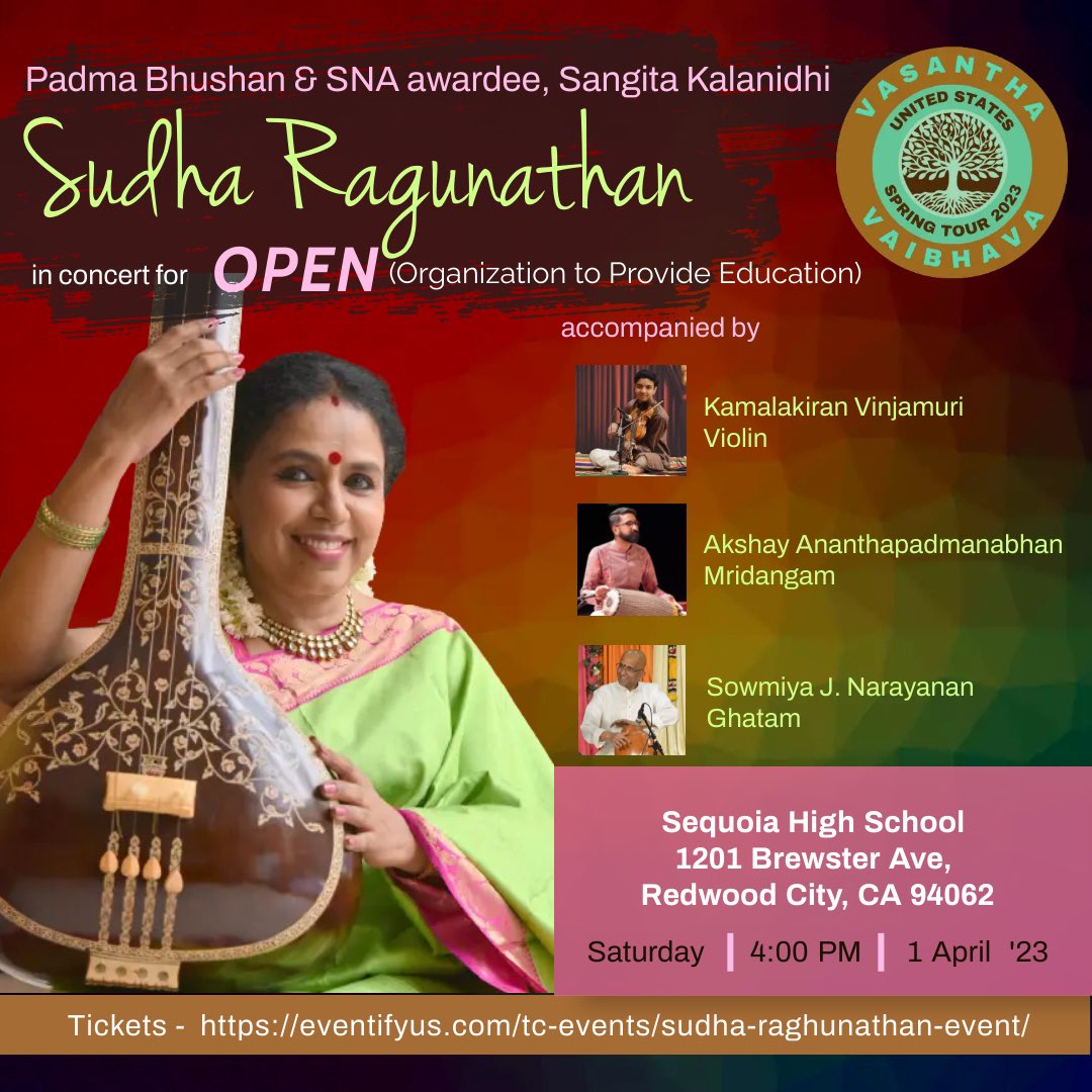 RagunathanSudha's tweet photo. For my rasikas at CA #sudharagunathan
#sudharaghunathan
#simplysudha
#sudharagunathanconcert
#springtour2023
#usconcerttour
#open #redwoodcity https://t.co/OFKsLePz1v