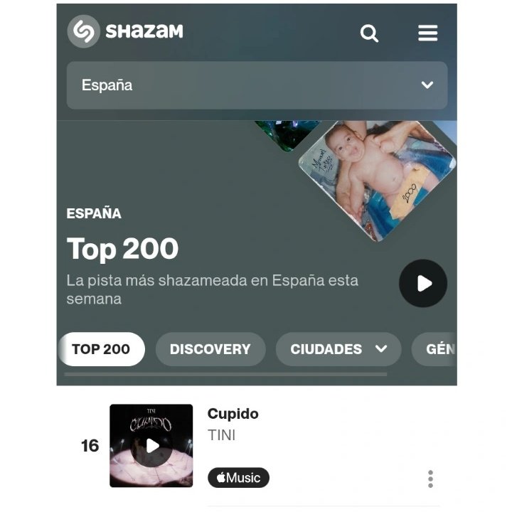 GraphicTINI's tweet photo. 🇪🇸 Shazam España:

#16. “Cupido” — @TiniStoessel (+3) *NP https://t.co/1ytaXmNqSE