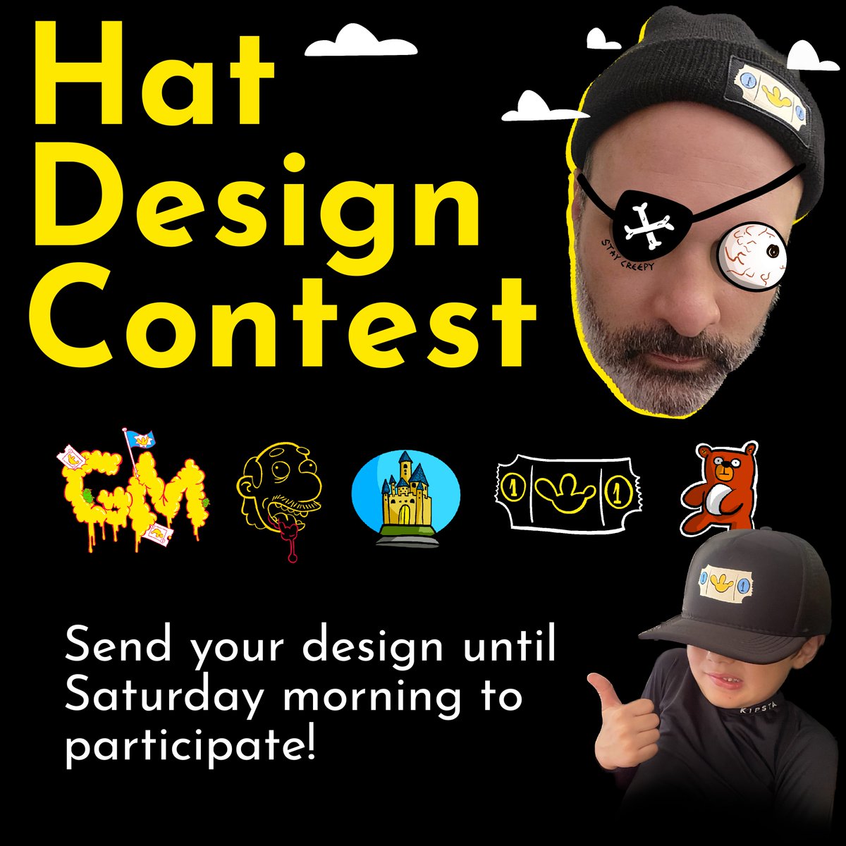 CreepyWorldPark's tweet image. 👀 CONTEST - PRE-MERCH HAT DROP 

We're looking for 2 design ideas for our beanie, trucker, and 5-panel hats, all in black with an illustration on the front. 

Winner(s) get 60% of the profit and our artist @arauj__o will help bring your idea to life! 

Rules on Discord 9PM EST