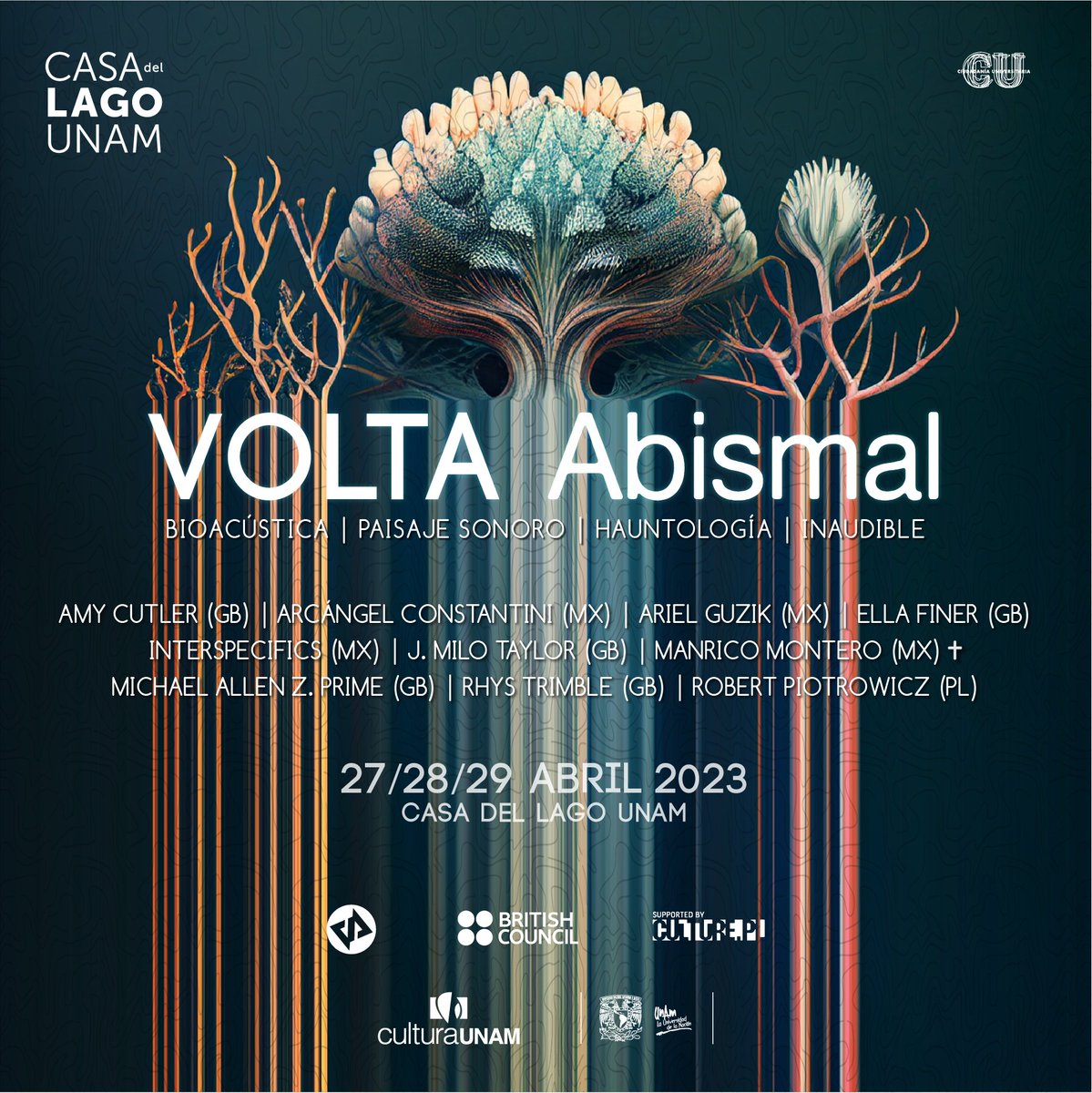 CasadelLago's tweet photo. 🔥 ¡Llega a la Casa el Festival #VOLTAabismal! 🔥

Tres días de conciertos, conferencias y presentaciones de artistas enfocadxs en música experimental, bioacústica, arte sonoro, arte electrónico y más.

📅 27-29 abril, 2023
+ info: https://t.co/b7N2Xshgky
@mxbritish | @volta_mx https://t.co/igNPobWakL