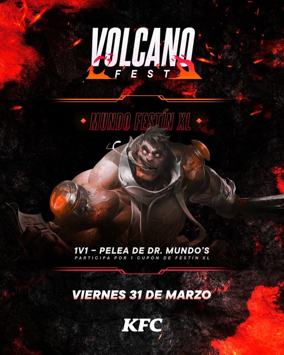 LVPEcuador's tweet photo. ¡No puedes perderte el Mundo Festín XL que @kfcecuador trae para ti este viernes en nuestro #VolcanoFest previo a la Gran Final de la #VolcanoDiscoverLeague 🍗🏆
Prepara tu Dr. Mundo en este divertido 1v1 y participa por un Festín XL 🔥 https://t.co/yGNRkS6JqH