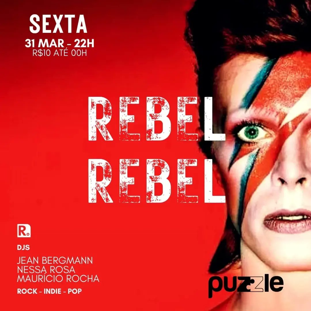 Rockijui's tweet photo. Sexta, tem REBEL REBEL no @PuzzlePubIjui. Na pista, rock, indie e pop com os DJs Jean Bergmann / @nessaroosa / @DaLibrenz.

R$ 10 até a meia-noite. Depois, sujeito a alterações. https://t.co/3ujK4HFWK3
