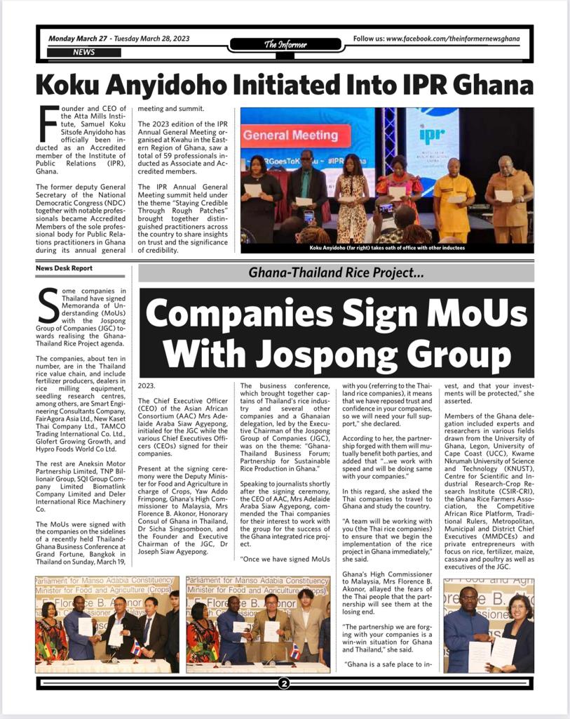 About 11 Companies in the Thailand Rice Value Chain have signed MOU with the Jospong Group to boost the Ghana Thailand Rice Project. This is a major boost for the #jospongrice project.