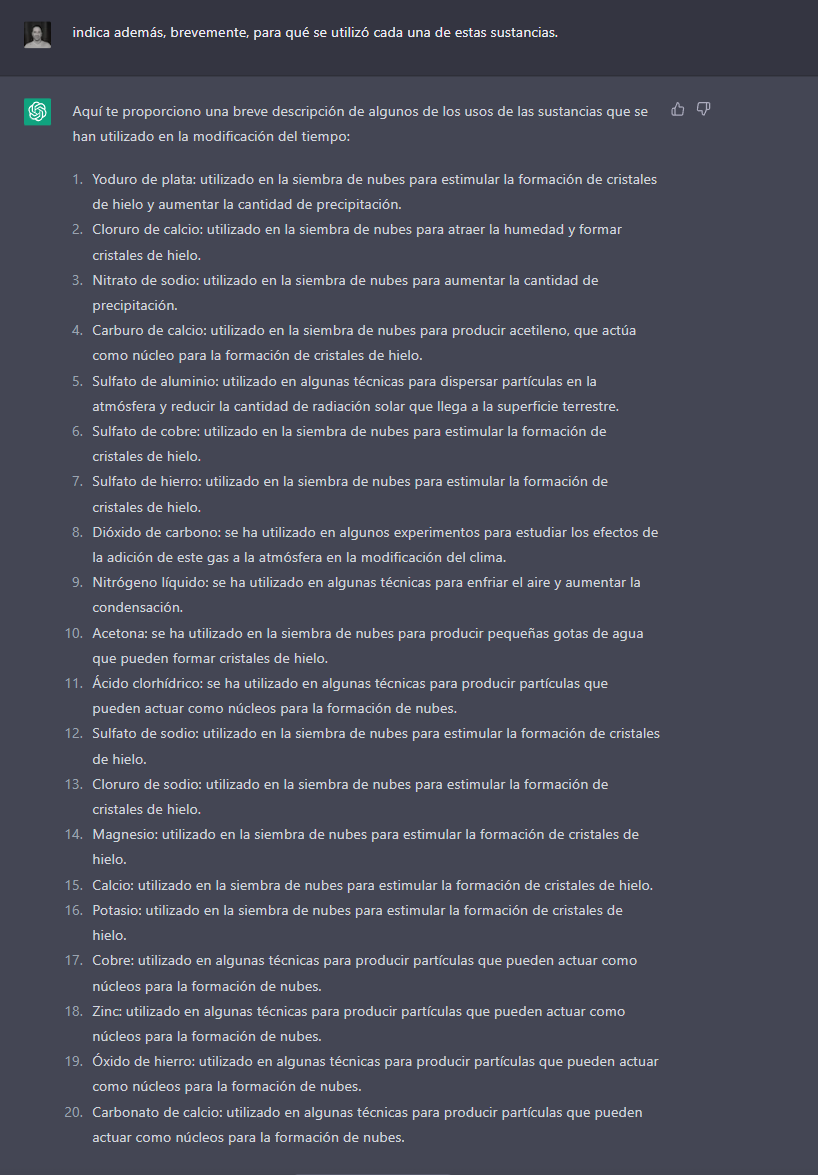 PandemiaDeGiliP's tweet photo. #ChatGPT cuando le preguntas sobre sustancias que se han utilizado para la modificación artificial del tiempo: #planclima https://t.co/lGHZrEGc1O