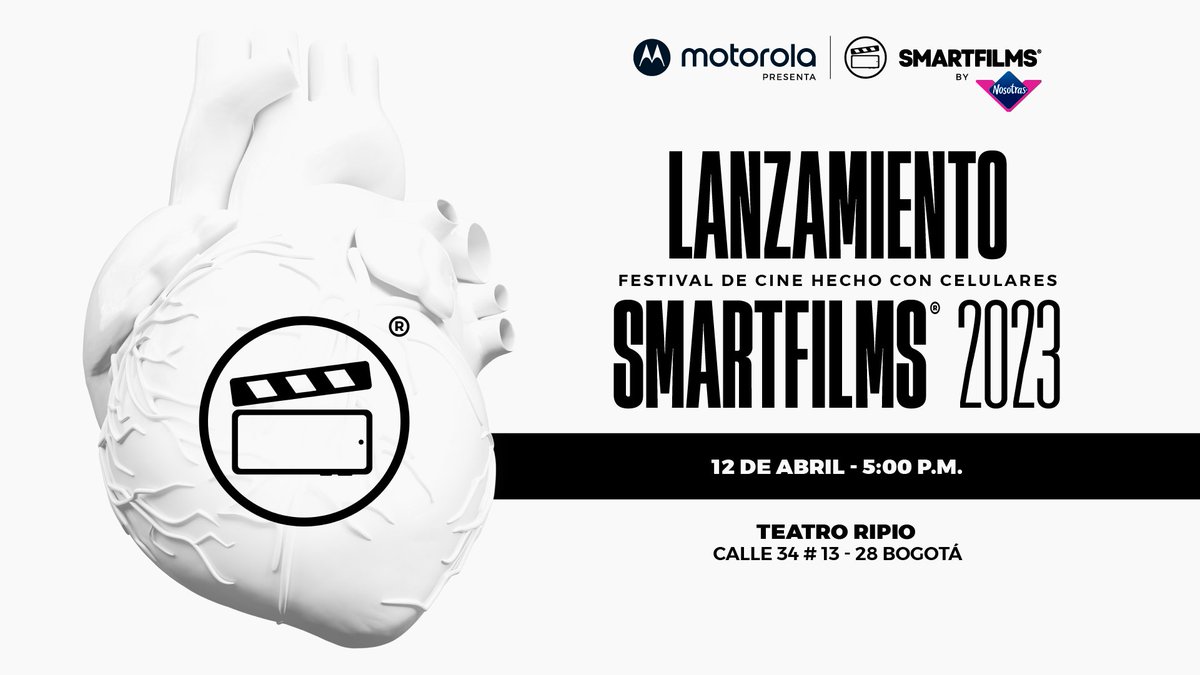 smartfilmsco's tweet photo. Atrévete a crear, construir e innovar. ATRÉVETE a hacer cine con celular.

🌟SMARTFILMS®️2023 - 9na Edición 
🎬Gran lanzamiento 

🗓️ 12 de abril
📍Teatro Ripio - Calle 34 #13-28 Bogotá 
⏰ 5:00 p.m.

@Motorola_col @YoAmoNosotras https://t.co/qALdsVrRQJ