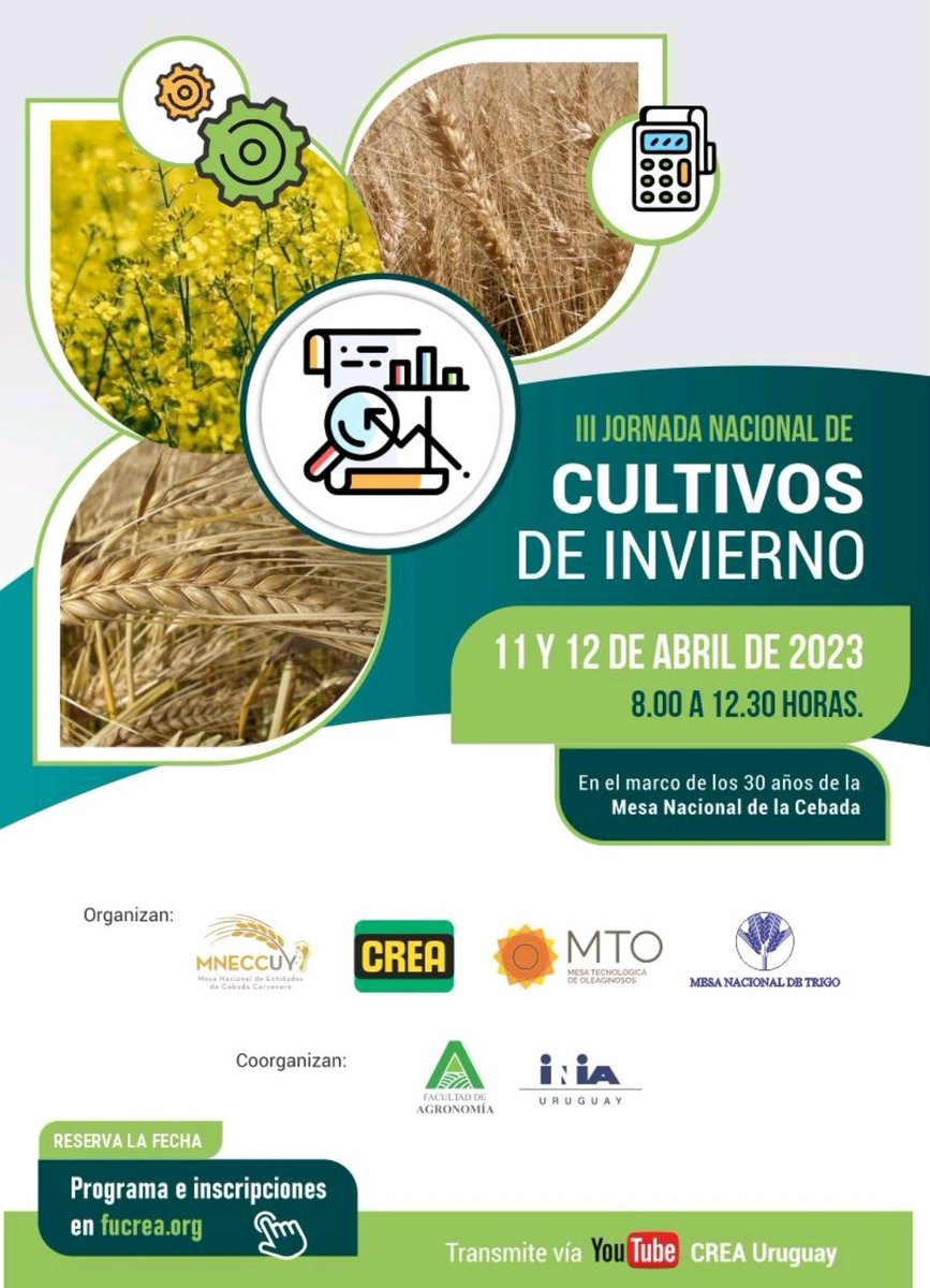 ✍️Los días  11 y 12 de abril vuelve la Jornada de Cultivos de Invierno. Los invitamos a inscribirse y conocer el programa en:  fucrea.org/noticias/3era-…
Los esperamos! 🌾