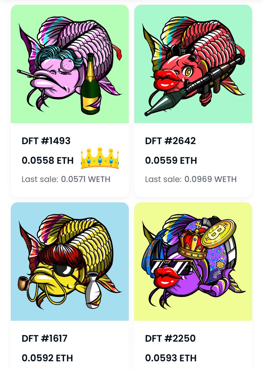 miner_ca's tweet photo. 🐡本日のDFTフロア価格発表!🐡
　　　🌟0.0558eth！🌟
　　　
　　　　DFT‼️LFG‼️
　　
　　　👑の魚はお得かも〜！
　　　
今日も#chokkaku_mooooooon🚀
#BuzzDFT #DFT #DFTSW
⬇️DFT購入リンク⬇️
https://t.co/03CLPAUO7l https://t.co/JyECgN1Kvp