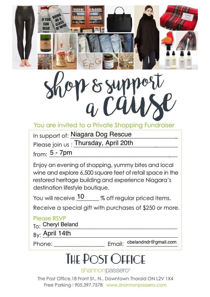 Join us for an evening of shopping, food &amp; wine at Shannon Passero’s Post Office in Thorold! Clothing, accessories &amp; housewares (tons of local vendors and great gift ideas!) 10% off regular priced items &amp; portion of all sales to help our dogs! RSVP at cbelandndr@gmail.com