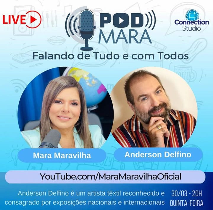 🚨 alerta de #PodMara nesta quinta-feira o entrevistado será Anderson Delfino ele se formou em engenharia civil aprendeu a fazer também trabalho de costura em tecidos tornando-se um artista têxtil lembrando que o pod Mara será no canal do YouTube Mara Maravilha Oficial ás 20hrs