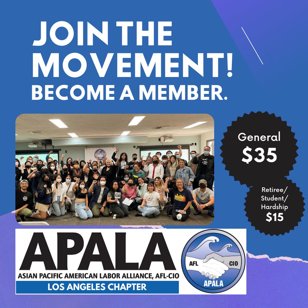 Join today &amp; connect with our dynamic Los Angeles chapter!

APALA is a community sustained by our members' commitment to building power for AAPI workers. Renewing or starting a membership for 2023 supports developing and supporting AAPI workers.

Join at: apalanet.org/membership.html
