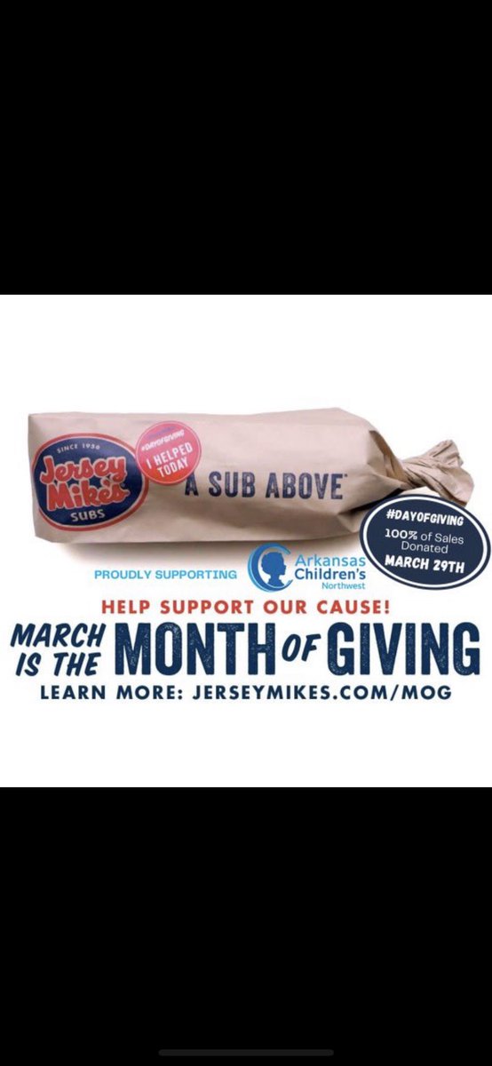 M_3Singleton's tweet photo. Stop by any Jersey Mike’s in Northwest Arkansas Wednesday, March 29th and 100% of your order will go toward Children’s Hospital Northwest!! #BeaSubAbove #ONEArkansasJMNWA @ONEArkansasNIL https://t.co/wgbhOGZeg5