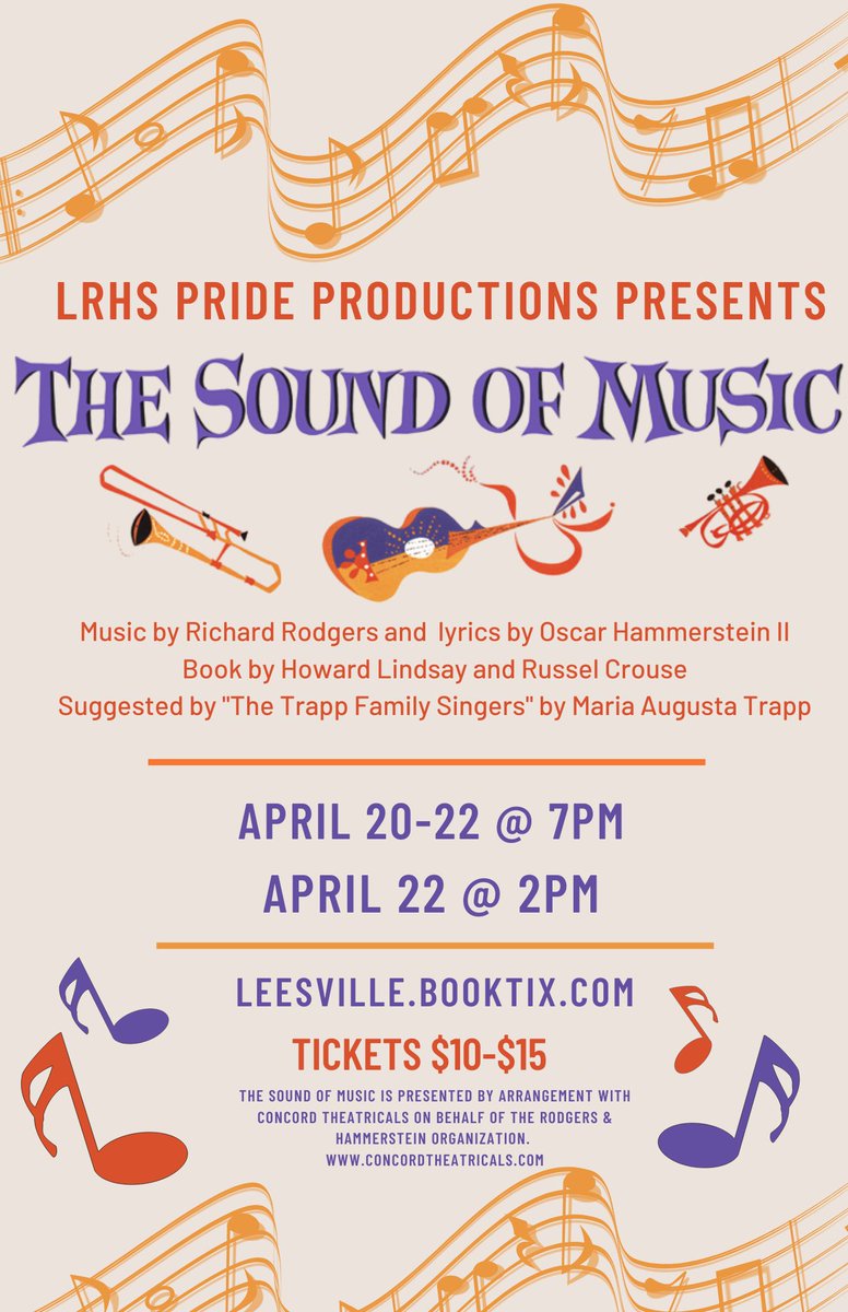 The hills are alive! Tickets on sale now. <a href="/LRHS_Stage/">LRHS Pride Productions</a> <a href="/ITS5540/">Leesville ITS</a> <a href="/leesvilleroadhs/">Leesville Road High</a> <a href="/LRHS_PTSA/">Leesville Road High School PTSA</a> Leesville.booktix.com