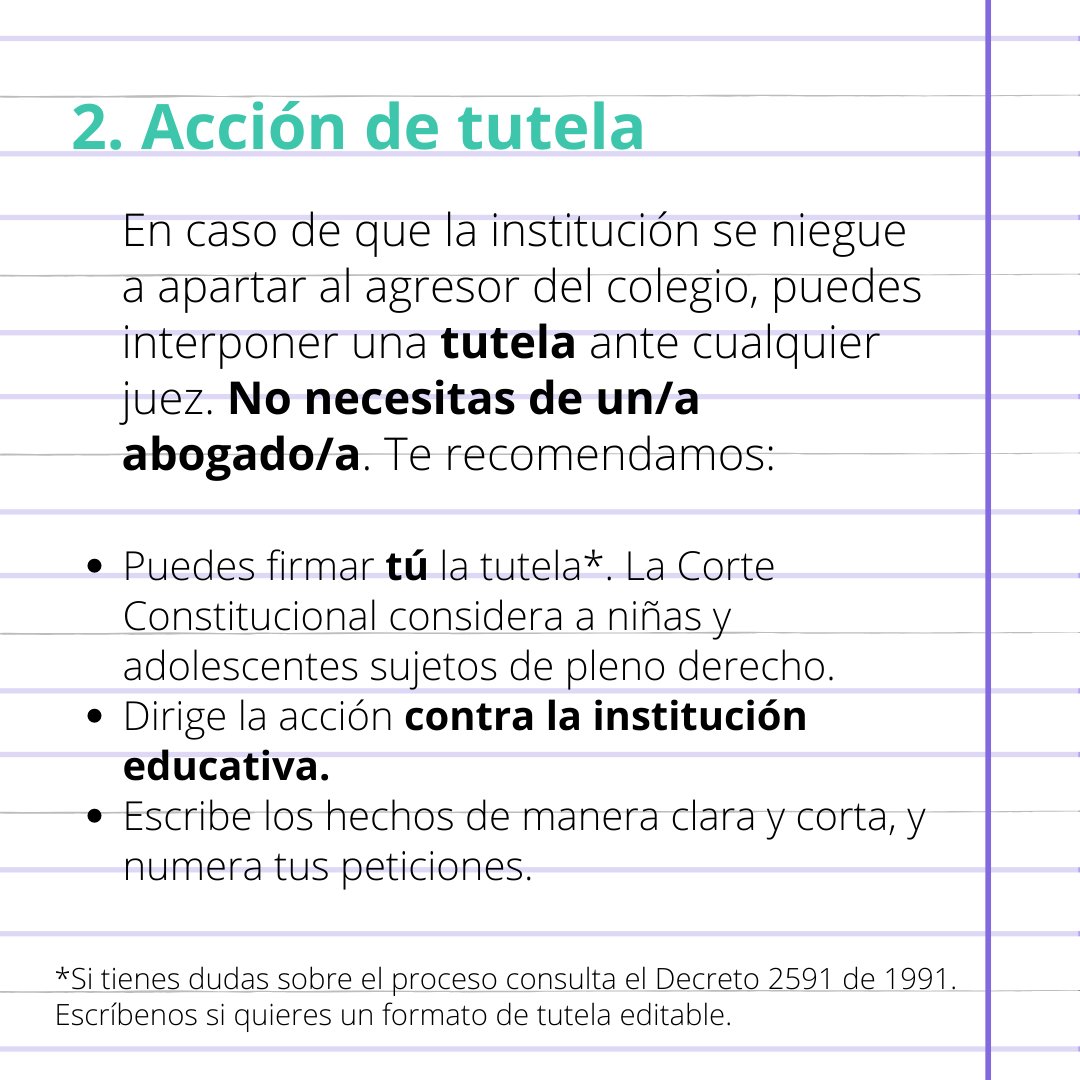 EsPorTodasCol's tweet photo. 2. Puedes hacer un requerimiento escrito a tu colegio con copia a la Secretaría de Educación del lugar donde vives.
Puedes interponer una acción de tutela a tu nombre, sin necesidad del acompañamiento de un/a mayor de edad o un/a abogado/a.
Aquí te contamos cómo 👇🏽. https://t.co/PclsLc8ezT
