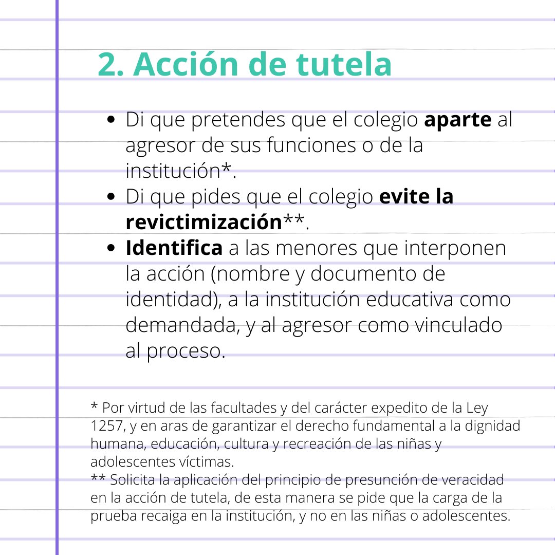 EsPorTodasCol's tweet photo. 2. Puedes hacer un requerimiento escrito a tu colegio con copia a la Secretaría de Educación del lugar donde vives.
Puedes interponer una acción de tutela a tu nombre, sin necesidad del acompañamiento de un/a mayor de edad o un/a abogado/a.
Aquí te contamos cómo 👇🏽. https://t.co/PclsLc8ezT