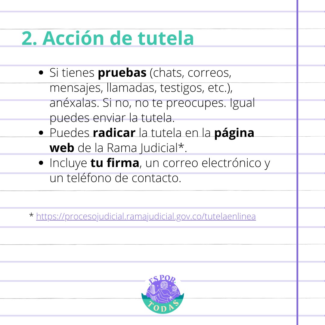 EsPorTodasCol's tweet photo. 2. Puedes hacer un requerimiento escrito a tu colegio con copia a la Secretaría de Educación del lugar donde vives.
Puedes interponer una acción de tutela a tu nombre, sin necesidad del acompañamiento de un/a mayor de edad o un/a abogado/a.
Aquí te contamos cómo 👇🏽. https://t.co/PclsLc8ezT