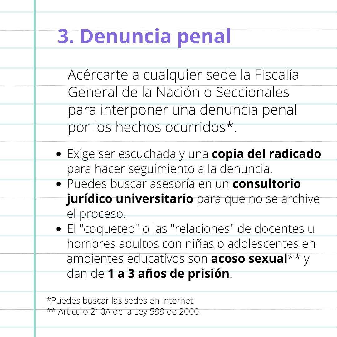 EsPorTodasCol's tweet photo. 3. También puedes interponer una denuncia penal en la @FiscaliaCol . El acoso sexual es un delito que da entre uno y tres años de cárcel.
Te contamos cómo 👇🏽.

¡Aquí te creemos! ¡No estás sola! https://t.co/GvY8ldDLn9