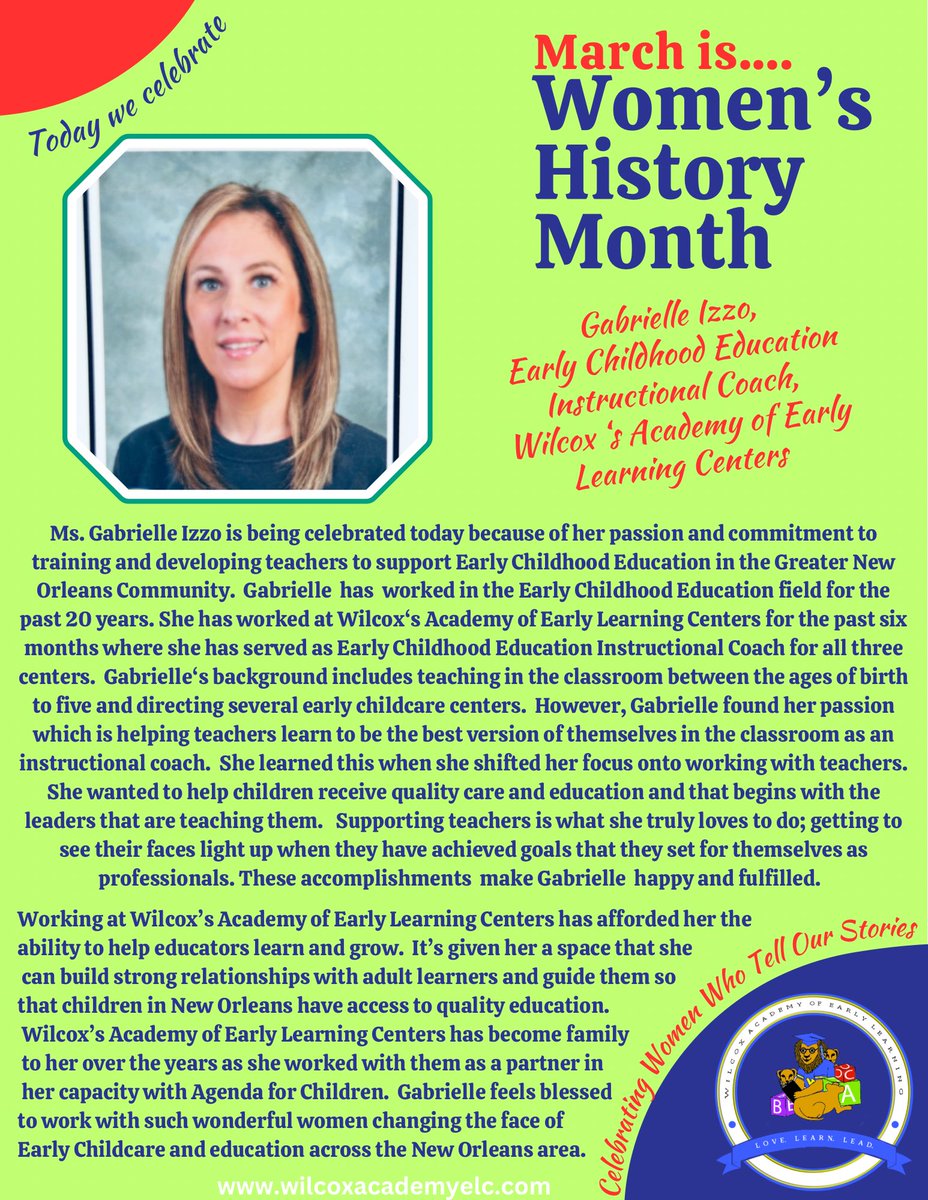 Today in Women’s History Month we celebrate Ms. Gabrielle Izzo because of her passion and commitment to training and developing teachers to support Early Childhood Education Learning in the Greater New Orleans Area.

#ECE

#womenshistorymonth 

wilcoxacademyelc.com