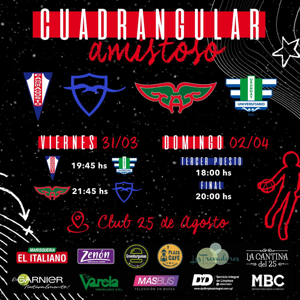 Este Viernes 31/3 y Domingo 2/4 estaremos disputando en nuestra cancha un cuadrangular amistoso, como ya es costumbre todos los años previó al arranque de la competencia oficial. Esperamos a todos y todas para que sea una fiesta del basquetbol femenino!!

Bono colaboración $100