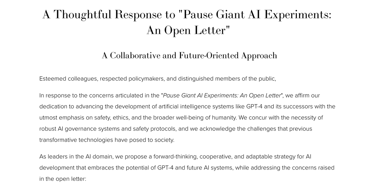 Montreal_AI's tweet photo. Pause or Continue?

The AI community deserves options!

Our Open Letter presents the missing choice.

Join us as we respond with a compelling counter-proposal.

Amplify your voice, be part of the solution! 

Sign now: https://t.co/5oVR9FDZ3D  

#AIGovernance #MontrealAI https://t.co/Agfd9etaHh