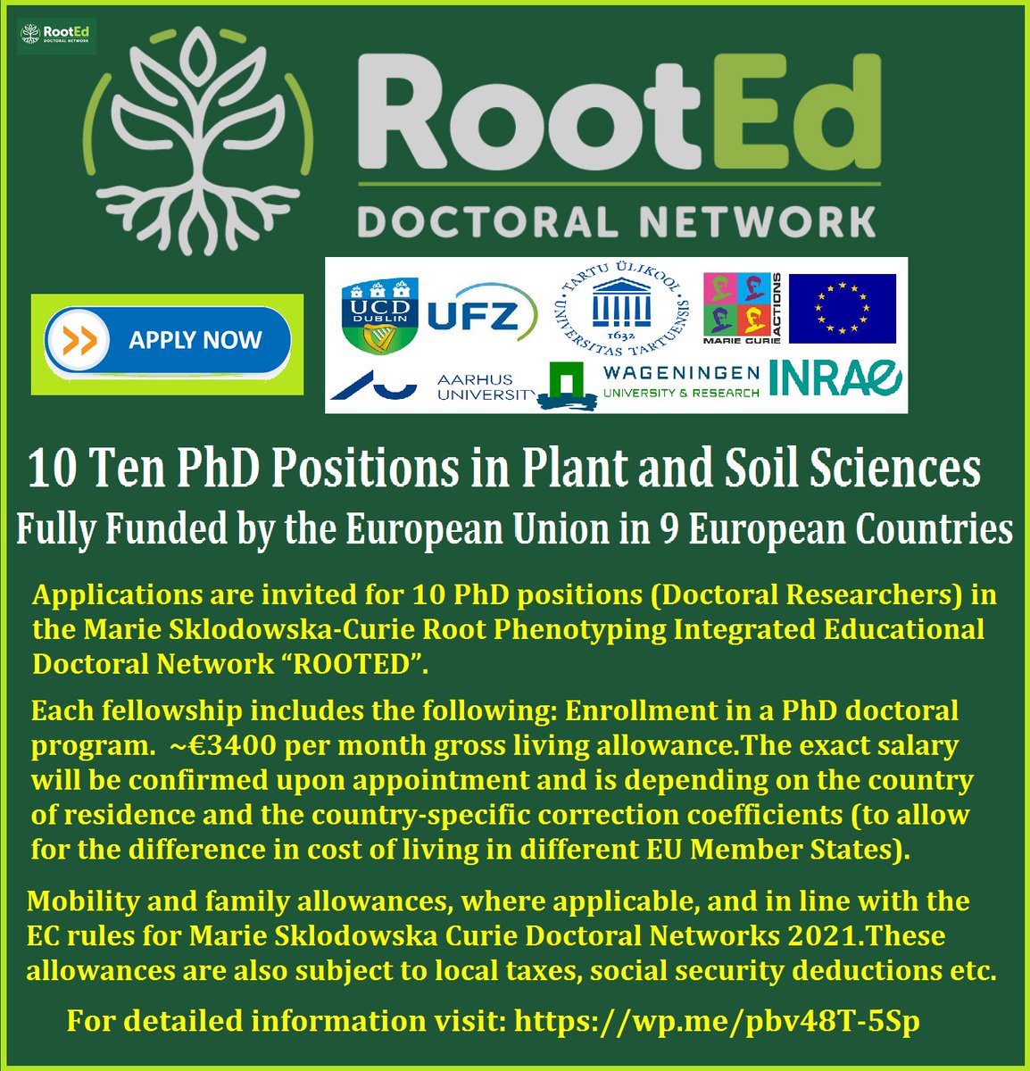 📌 10 Ten PhD Positions in Plant and Soil Sciences🌱 Fully Funded by the European Union in 9 European Countries 🇪🇺... Please retweet and spread the word! For details visit the link below👉 wp.me/pbv48T-5Sp